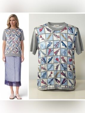 Salvatore Ferragamo Vintage 80s Genio Silk L Scarf Front Shoe Print Knit Top Tee